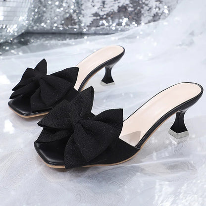 Pink Bowtie Decor High Heels Sandals for Women 2025 Summer Light Square Toe Slippers Fashion Plus Size Thin Heeled Party Shoes