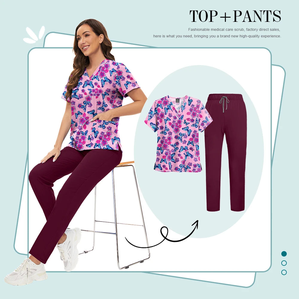 Scrubs Uniforms Sets High-quality Medical Scrub Multicolor Animal Printed Women Scrub Tops Medical Scrubs Uniform Nurse Lab Wear