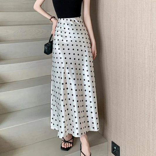 Seoulish High Waist Elegant Dots Printed Satin Women's Long Fishtail Skirts New Loose Office Mermaid A-line Skirts Female