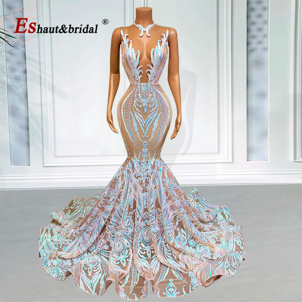 Elegant Mermaid Sequin Prom Party Dresses for Women 2025 O-neck Sleeveless African Long Formal Wedding Evening Gowns Customized
