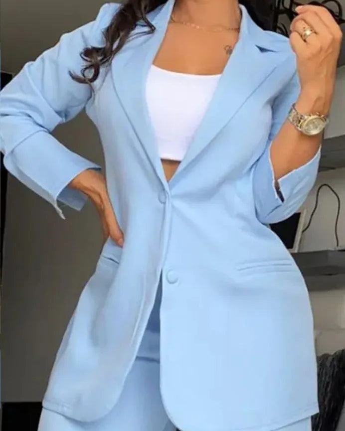 Two Piece Set Women Outfit Autumn Fashion  Collar Long Sleeve Blazer Coat & Elegant Pocket Design Work Pants Set