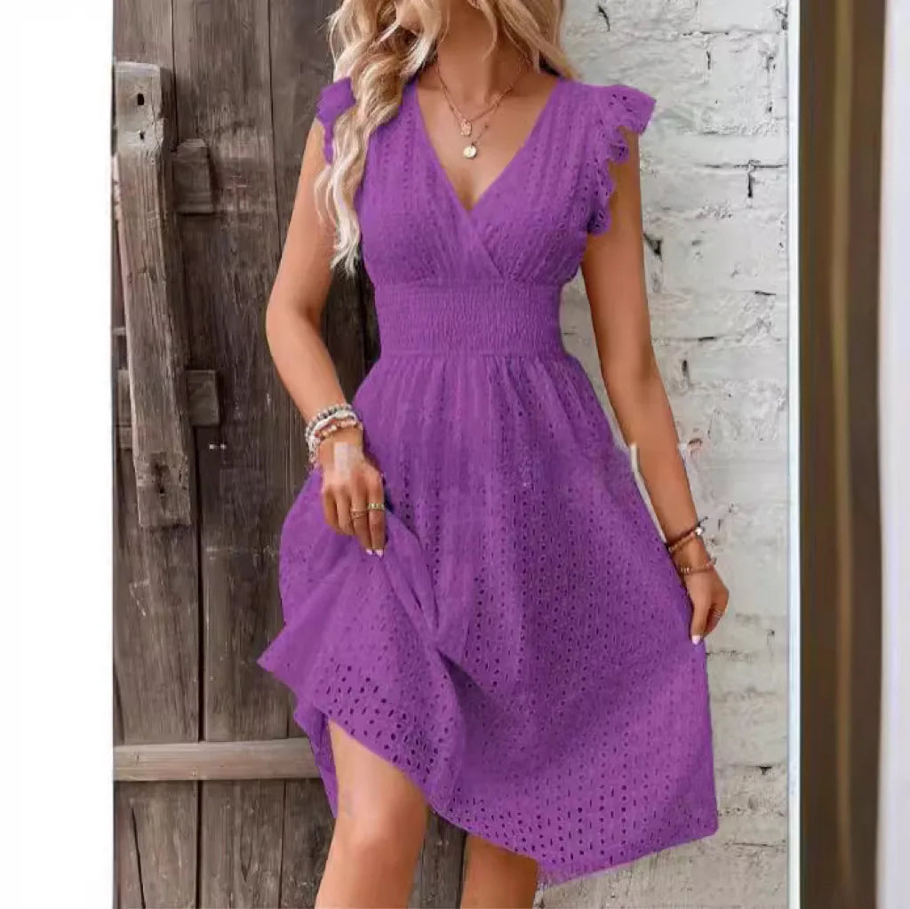 Summer Women V-Neck Beach Dress Flare Sleeve Solid Color Hollow Lace Waist Dress Casual Beach Holiday Dresses