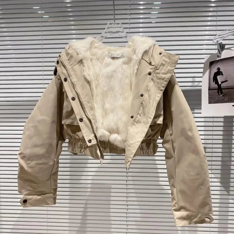 Big Fox Fur Collar Removable Rabbit Liner Short Coat Jacket for Women Winter Elastic Hem Hooded Jackets Wram Fashion Outwear