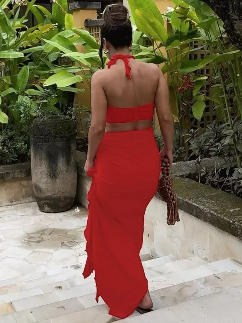 Women's Elegant Two Pieces Dresses Suits Flower Corset Top and High Slit Long Skirts Matching Sets Red Pink Vacation Outfit 2025 & 2026