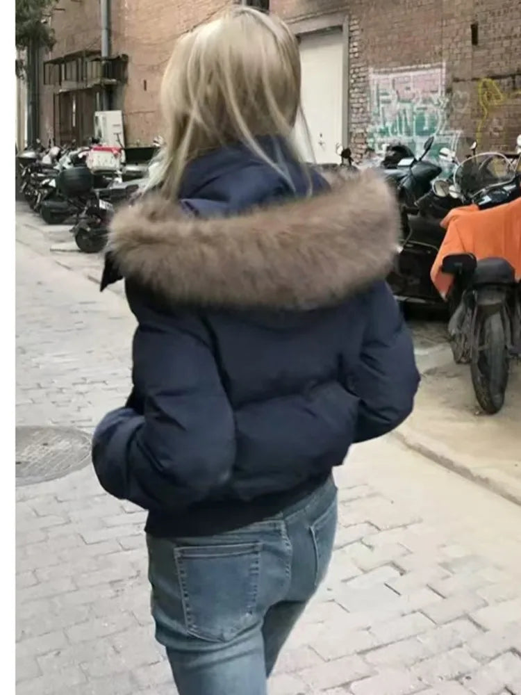 Autumn Winter Fur Hooded Jacket Women Outerwear Thick Dowon Cotton Padded Slim Short Parkas Female Cropped Puffer Bubble Coat