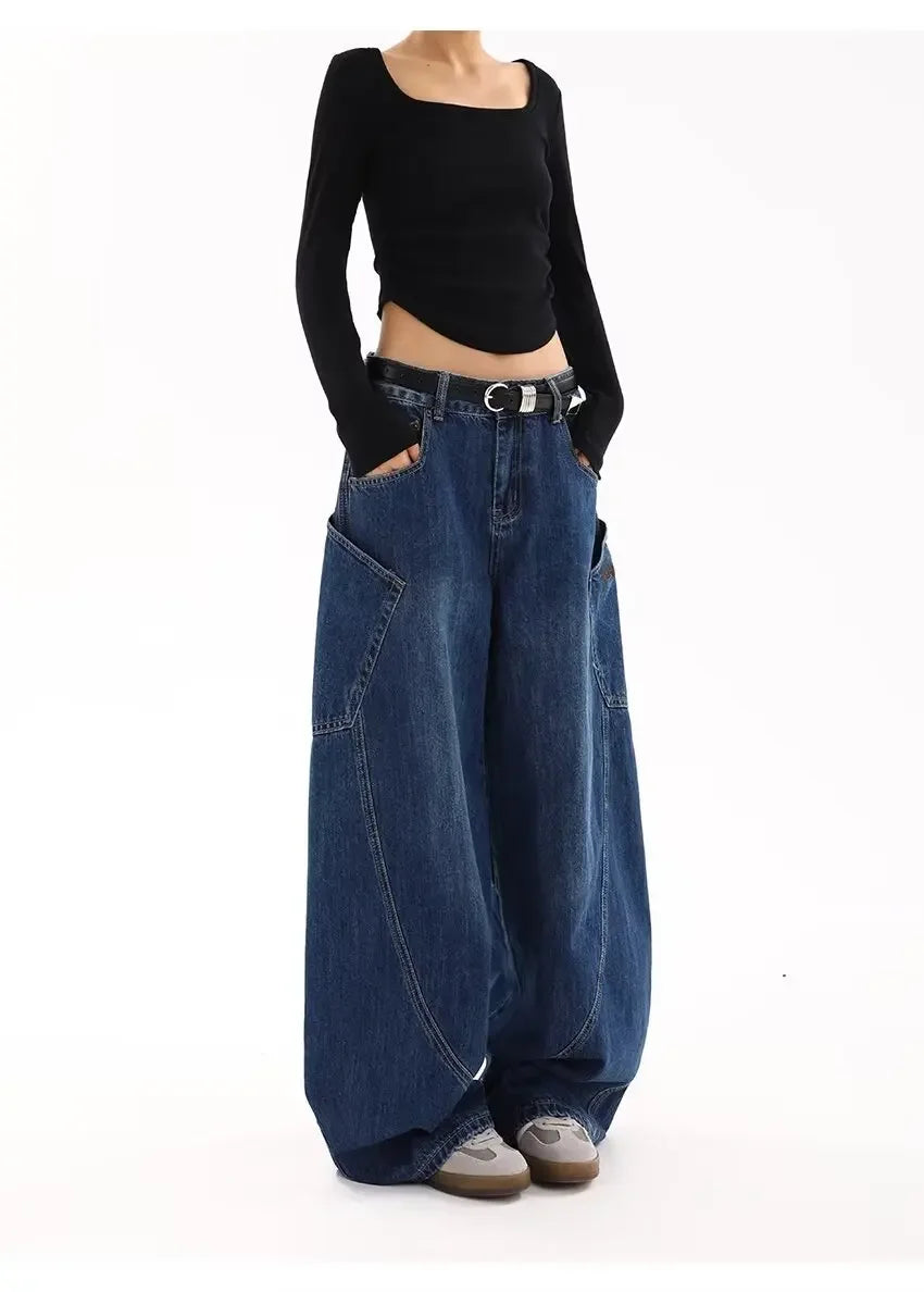 American Retro Knife Pocket Wide Leg Jeans Women's Spring Autumn Style Hot Girl High Street Design Loose Floor-Length Pants