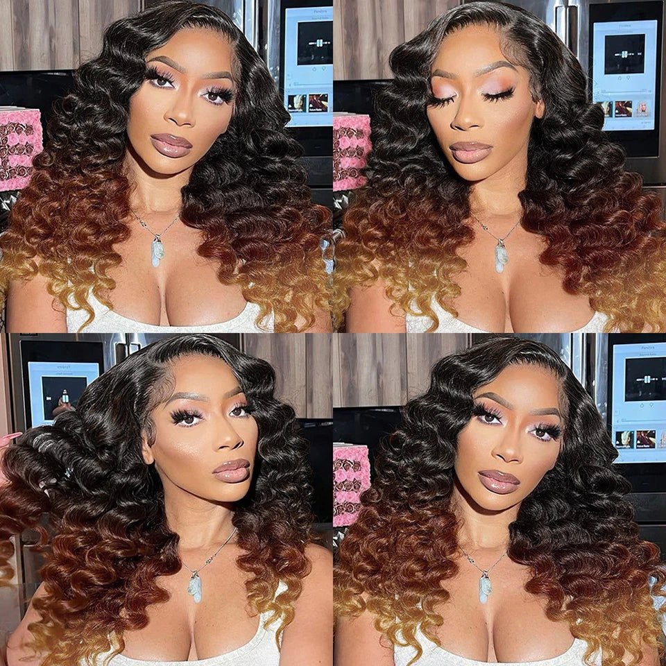 1B 4 30 Ombre Loose Deep Wave Lace Frontal Wig 13x4 Brown Colored Lace Front Human Hair Wigs 250 Density Deep Wave Frontal Wig