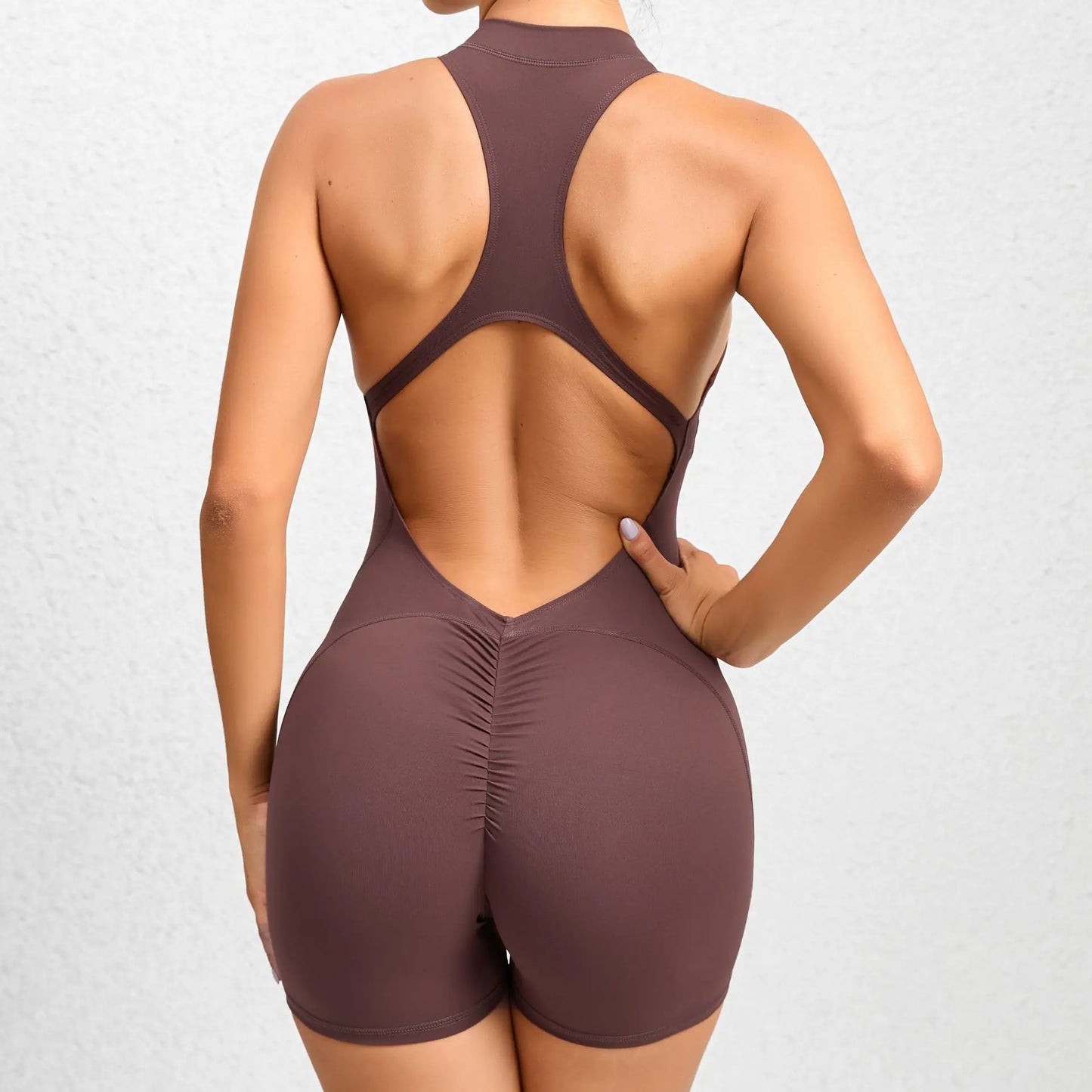 Back V Scrunch Jumpsuits Gym Short One-Piece Suit Yoga Set Push Up Zipper Workout Rompers Fitness Sexy Sports Bodysuit Female
