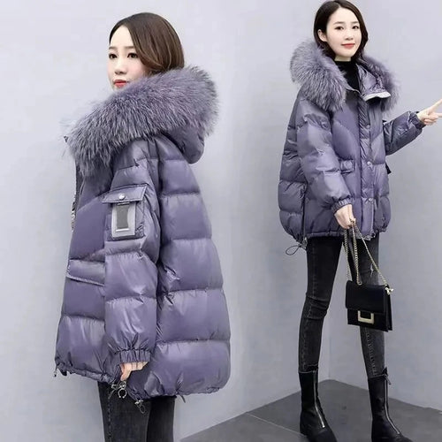 2025 Winter New Warm Down Cotton Jacket With Large Fur collar Hooded Coat Loose Women Thicken Parker Puffer Overcoat Casual wear