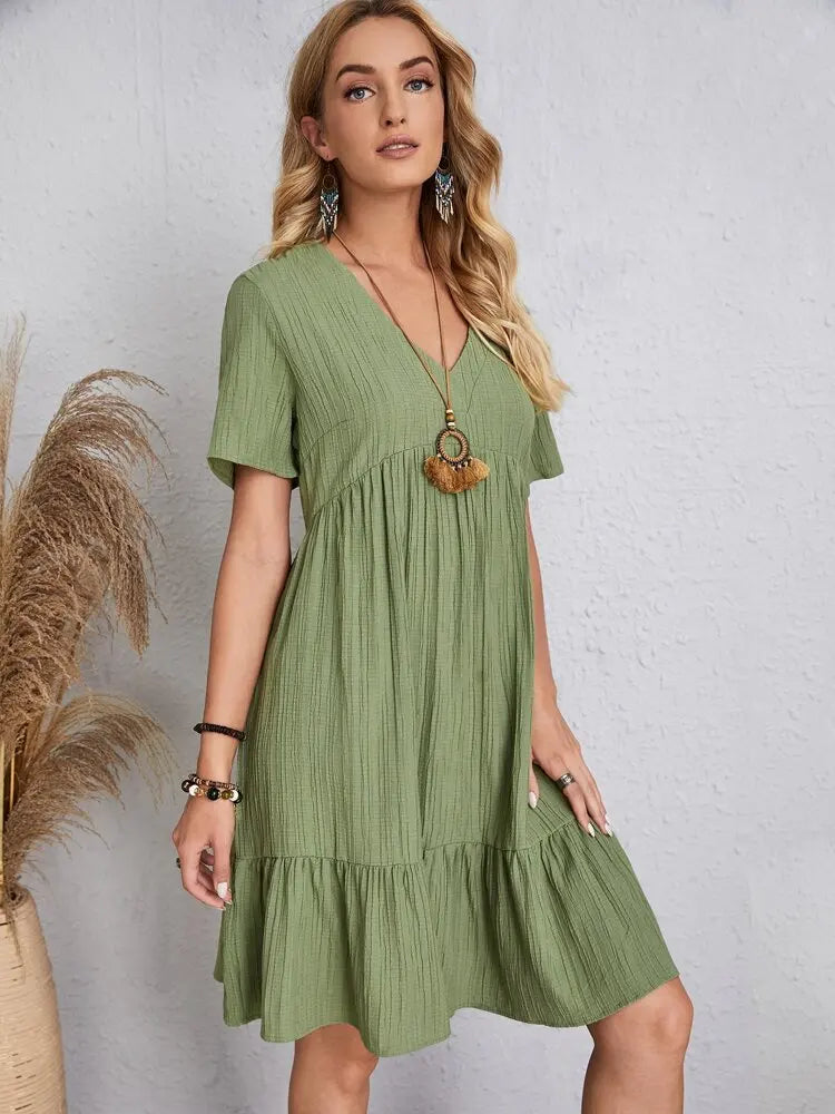 Elegant Solid V Neck A Line Dress 2024 New Summer Ruffles Loose Mini Dress Casual Short Sleeve Beach Party Vestidos Streetwear