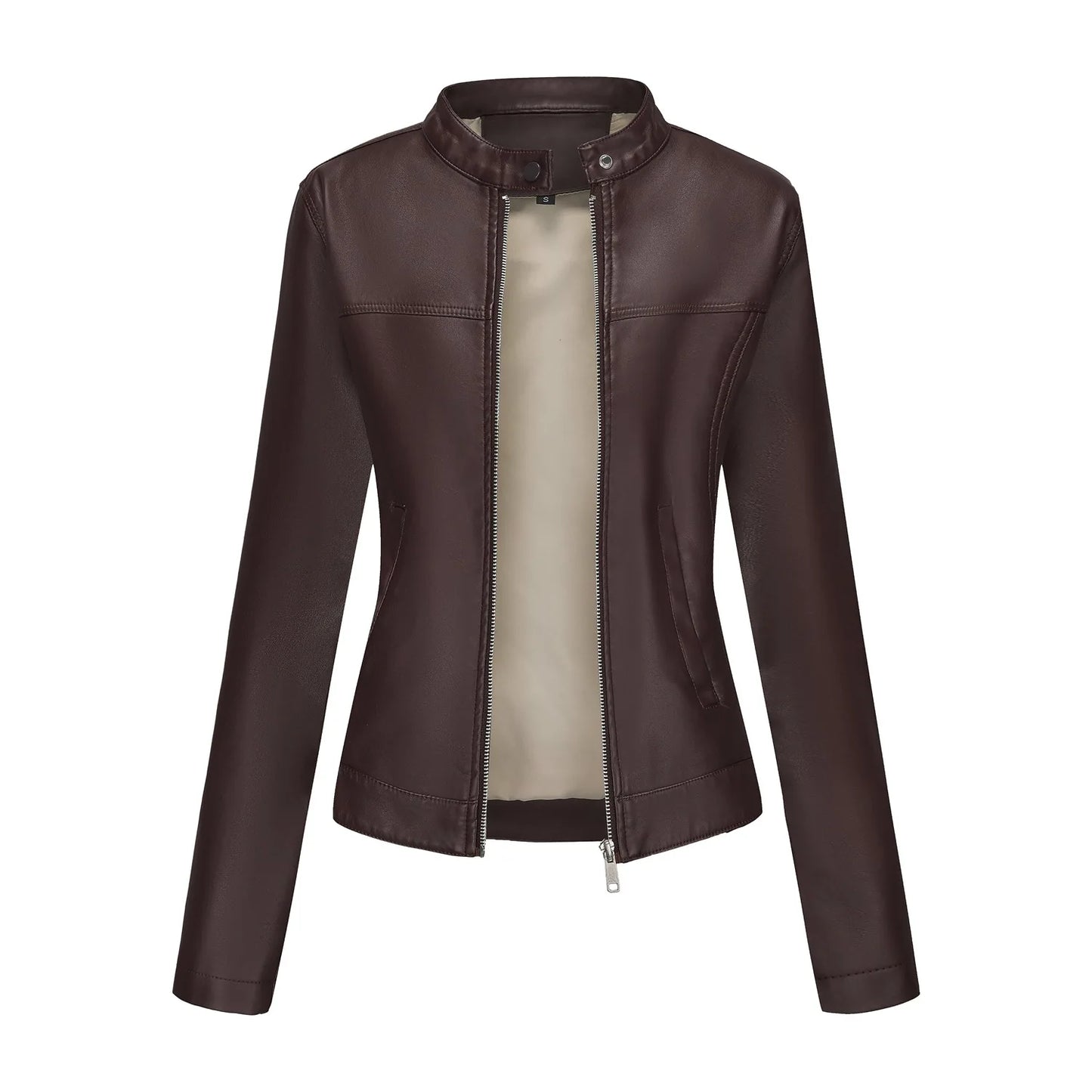 Black Women's Fitted Leather Jacket with Front Zipper & Side Pockets‌, Available in Brown, Navy Blue, and Beige.