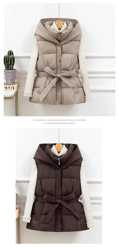 Women's Quilted Puffer Vest Thicken Warm Winter Hooded Coat Solid Color Sleeveless Padded Outwear Cropped Button Zip Up Coat