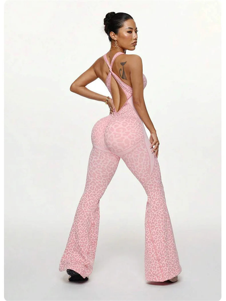 New Leopard Print Bodysuit Women Seamless Flared Pants Jumpsuits Sexy One-piece Fitness Suit Cross Back Stretchy Yoga Jumpsuits