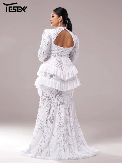 Yesexy Plus Size Elegant Beautiful Women Round Neck Long Sleeved Split Evening Gown Wedding Birthday Party Formal Occasion Dress