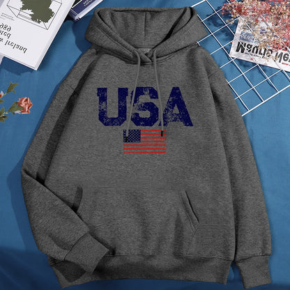 Usa Letters American Flag Stars And Stripes Hoodie Men Women Fleece Hoody Fleece Oversize Sweatshirt Autumn Pocket Clothes