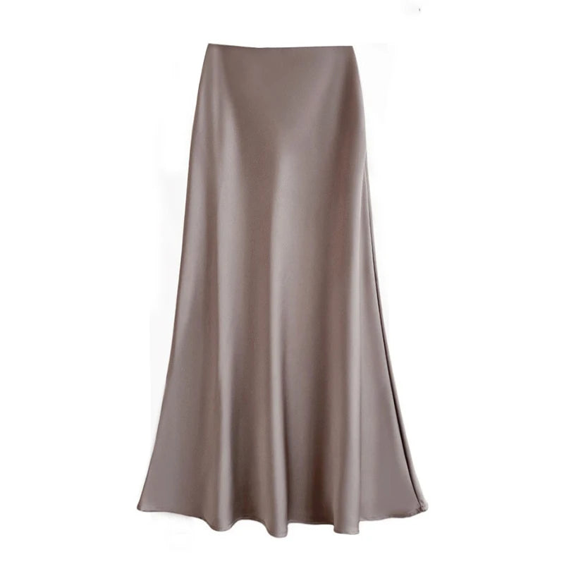 Women's Spring Autumn Satin Skirt - High-Waisted Flowy Bodycon Fishtail A-Line Midi Skirt