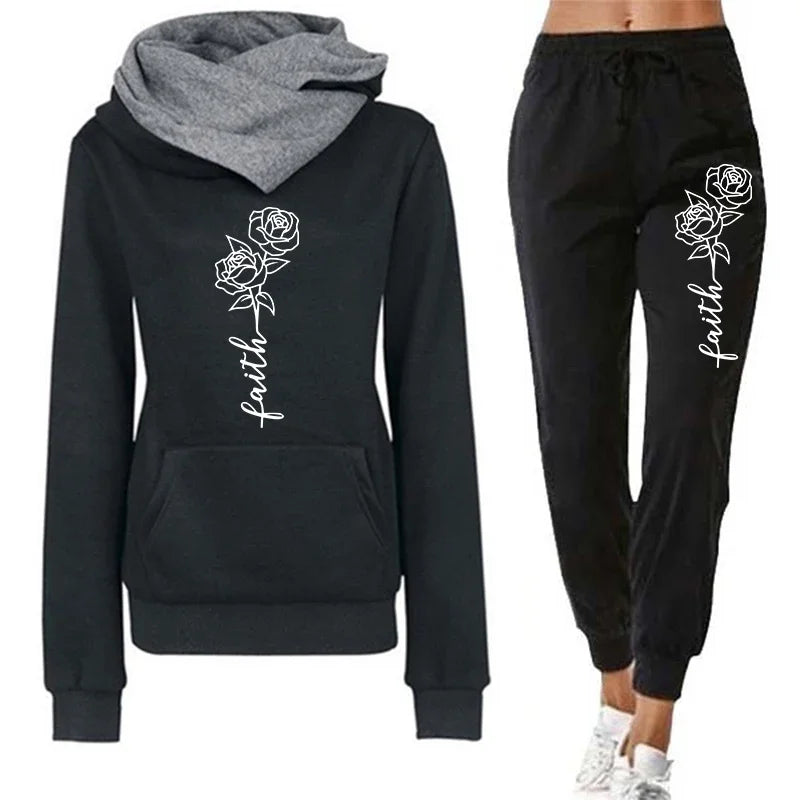 Womens Tracksuit Casual Hooded Sweatshirts Suits Flower Printing Jogging Sweatpants 2 Pcs Set Woman Clothing Sports Outfits 2026