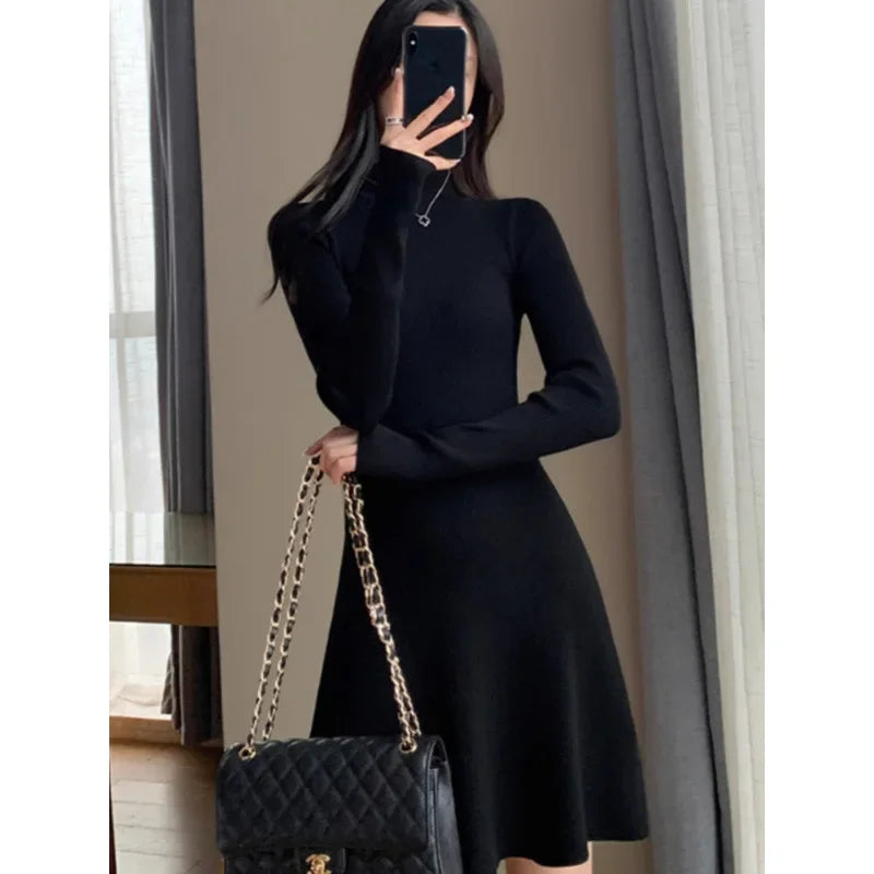 Women's Knitted A- Line Mini Dress Hepburn Little Black Dress Autumn Winter Inner Wear Slimming Base Layer Skirt For Coat