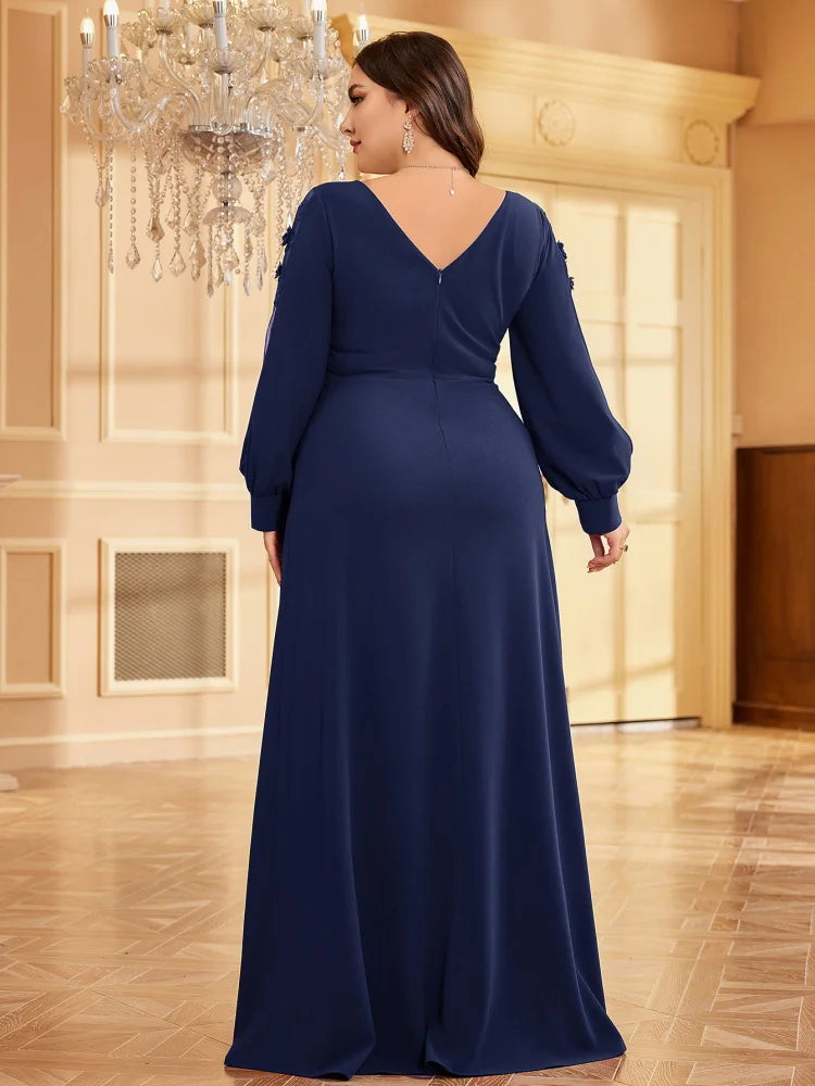 XUIBOL Plus Size Elegant Blue Applique Evening Dress 2026 Women Formal Maxi Prom Long Sleeves Party Dress Luxury Cocktail Prom