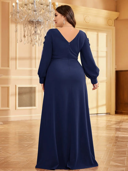 XUIBOL Plus Size Elegant Blue Applique Evening Dress 2026 Women Formal Maxi Prom Long Sleeves Party Dress Luxury Cocktail Prom