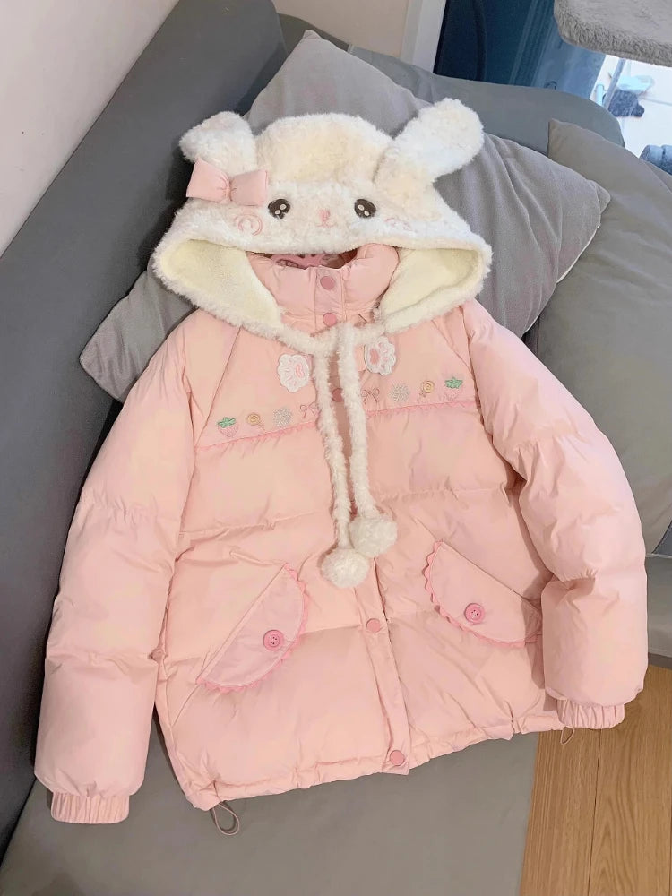 Preppy Style Winter Embroidery Warm Women Parka Harajuku Zippers Casual Rabbit's Ears Hooded Tops Y2k Aesthetic Pocket Pink Coat