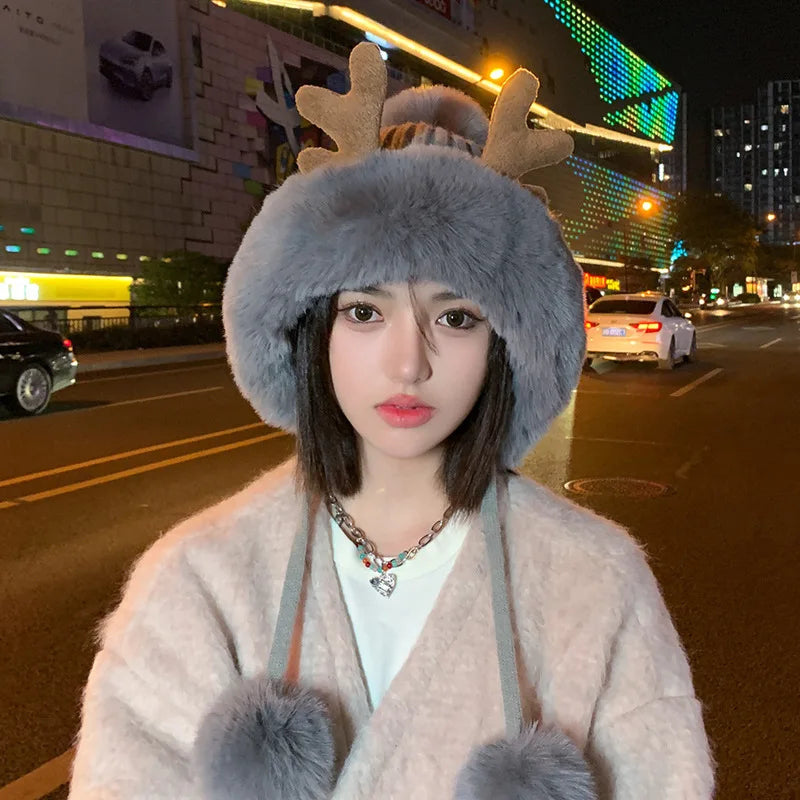 Knitted Hat Beanie Winter Warm Fleece Lined Reindeer Antlers Korean Style Cute Christmas Party Women Girls Thickened Thermal