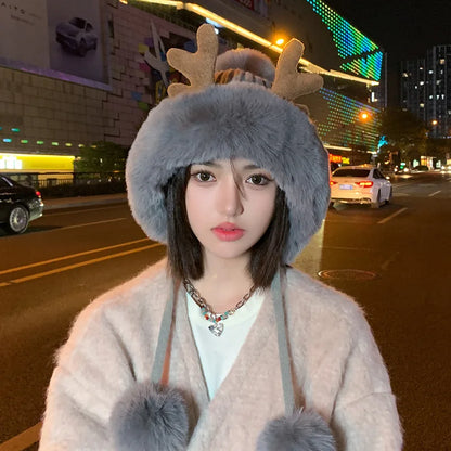 Knitted Hat Beanie Winter Warm Fleece Lined Reindeer Antlers Korean Style Cute Christmas Party Women Girls Thickened Thermal
