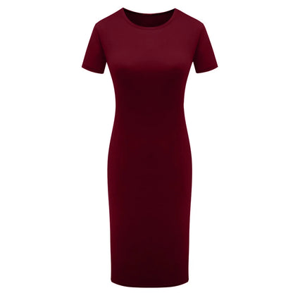 Fashion Women Short Sleeve Slim Fitting Dress Summer Solid Color Round Neck Elegant Dress Tight Robe Street Style Skinny Dress