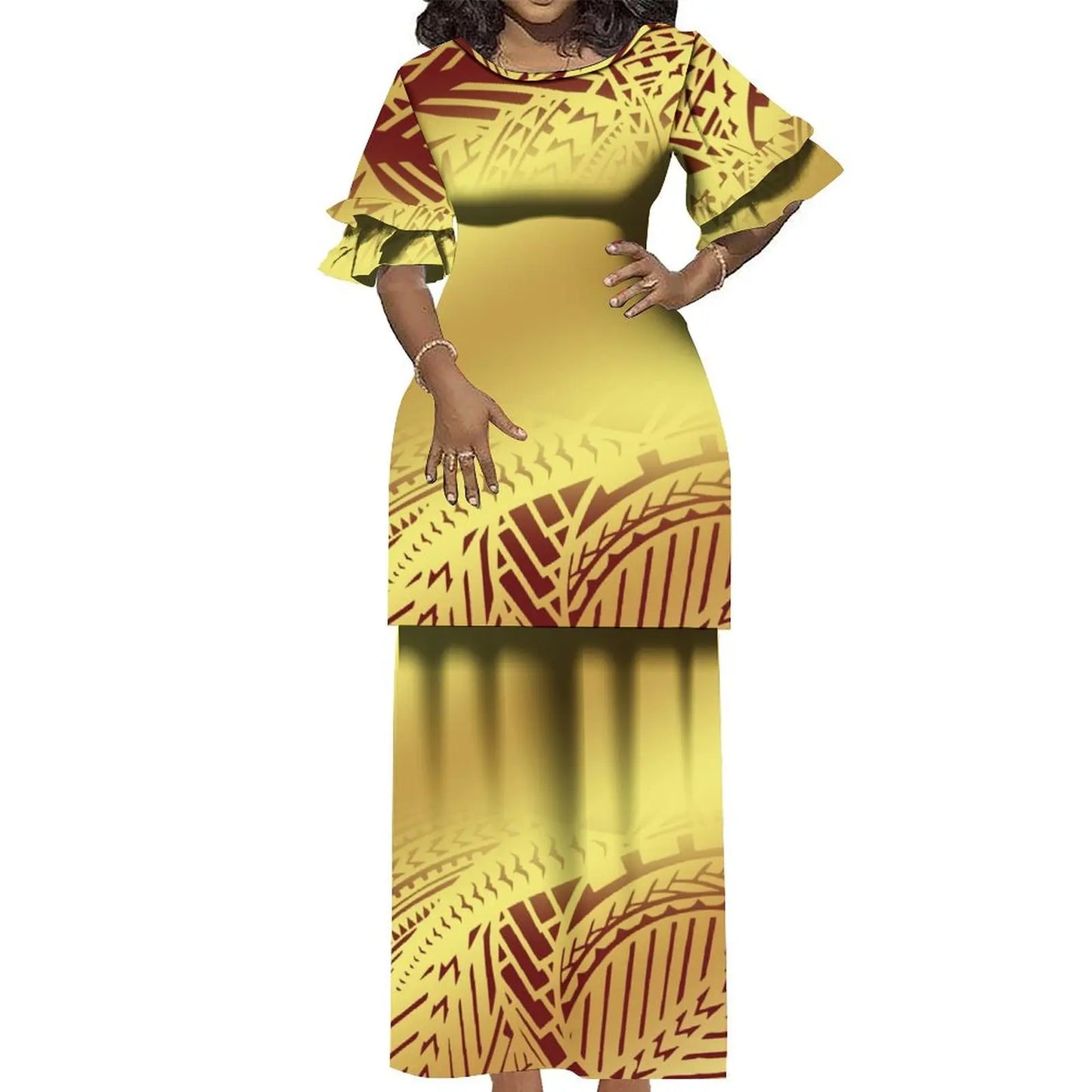 Plus Size Women 2 Piece Outfits Sets Dress New Wholesale Custom Polynesian Tribal Design Petal Sleeve Samoan Puletasi Set