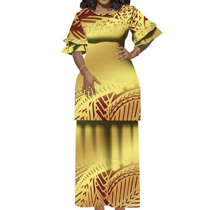 Plus Size Women 2 Piece Outfits Sets Dress New Wholesale Custom Polynesian Tribal Design Petal Sleeve Samoan Puletasi Set