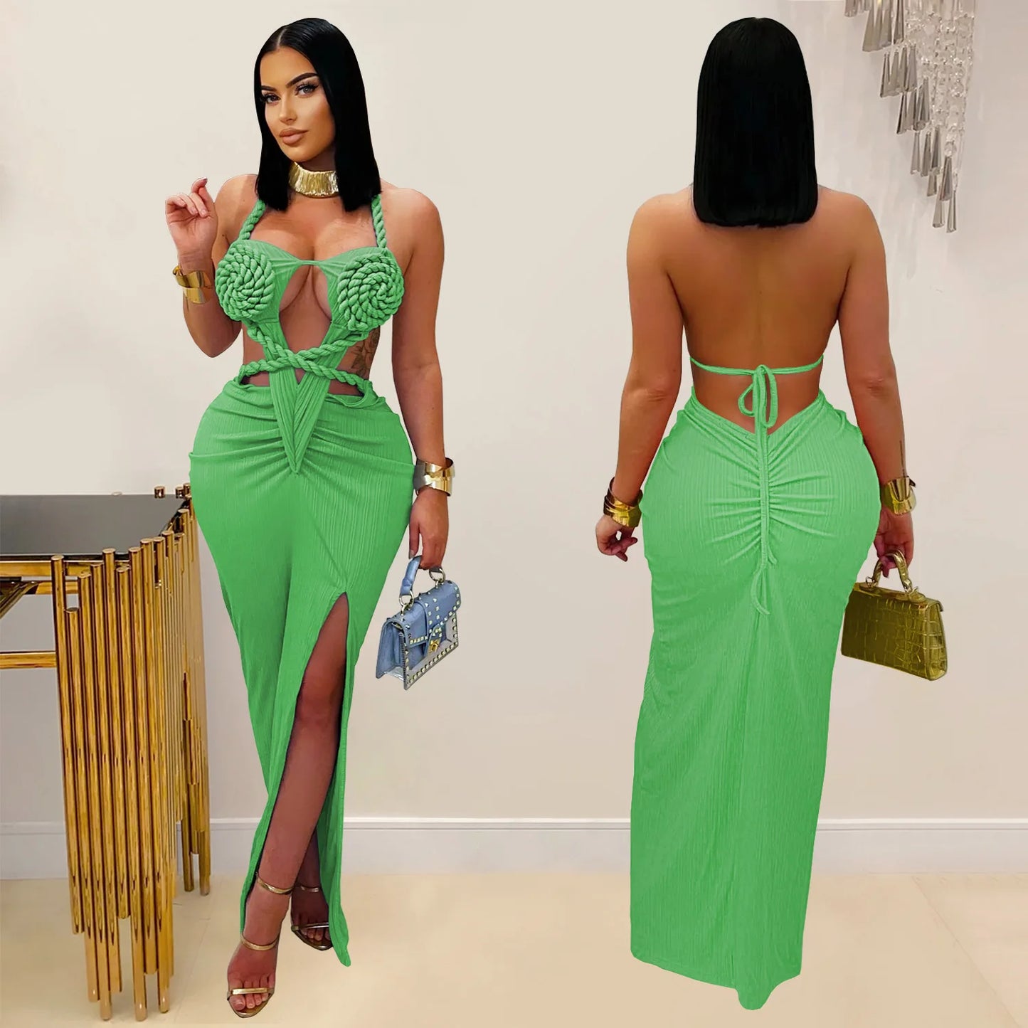 Women's Hollow Out Sleeveless Sexy Knitted Halter Neck Backless Solid Color Dress for Summer 2025