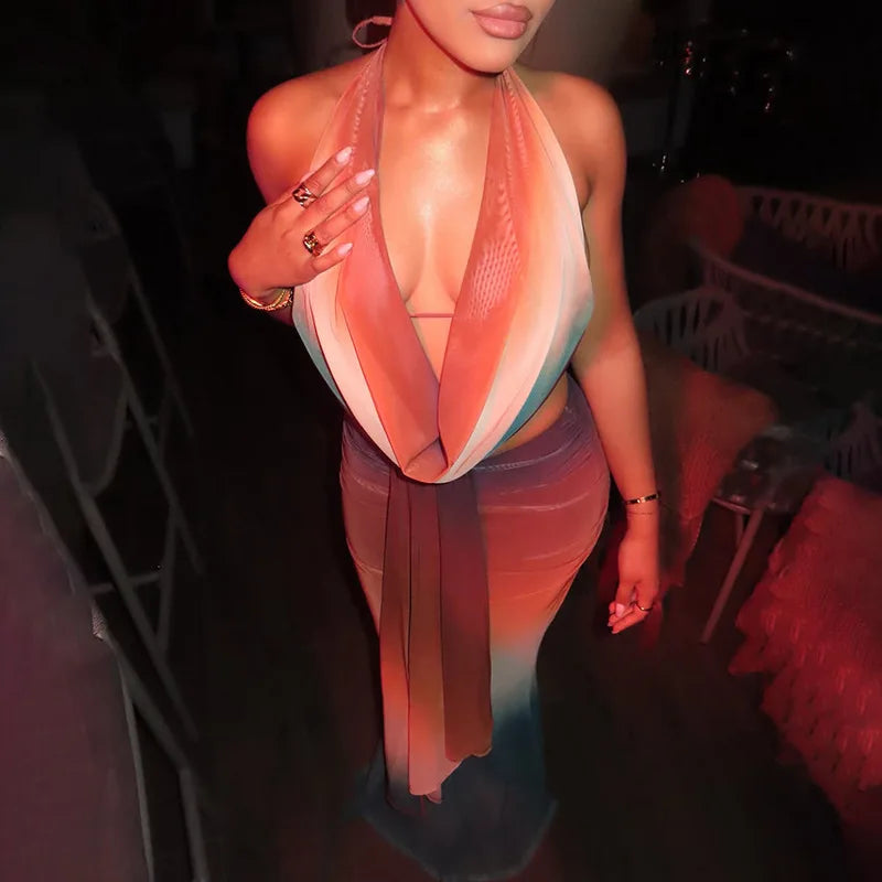 VEITCHE Summer Women Print Mesh Sexy Halter Skirt 2 Pieces Sets Off-shoulder Sleeveless Backless Tops And Skirt Two Pieces Sets