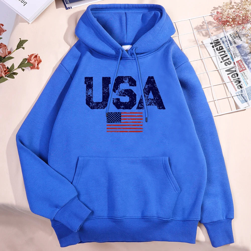 Usa Letters American Flag Stars And Stripes Hoodie Men Women Fleece Hoody Fleece Oversize Sweatshirt Autumn Pocket Clothes