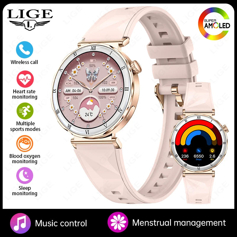 LIGE New Ultra Thin Smart Watch Women Screen Always Display Time Diamond Luxury Bracelet Voice Calling AMOLED Smartwatch Ladies