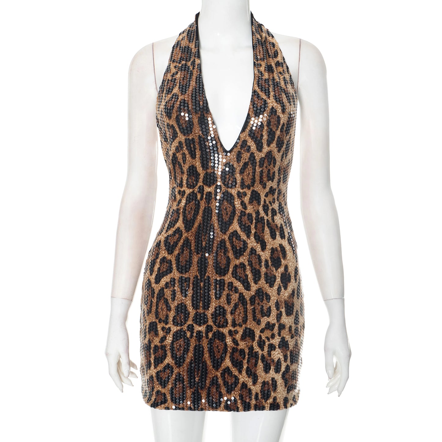 CUTENOVA 2025 Summer New Women'S Sexy Sleeveless Hanging Neck Leopard Print Beaded Deep V-Neck Revealing Backpack Hip Dresses