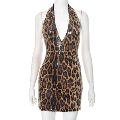 CUTENOVA 2025 Summer New Women'S Sexy Sleeveless Hanging Neck Leopard Print Beaded Deep V-Neck Revealing Backpack Hip Dresses