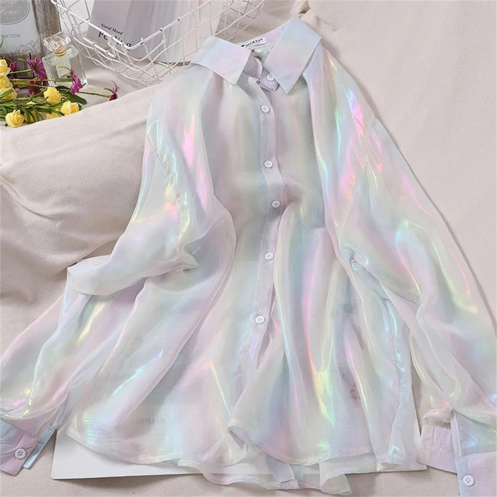Rainbow Loose Women Tops Shirts Colors Glossy Thin Blouse Fashion Korean Long Sleeve Summer Beach Cute Ladies Tops Summer Casual