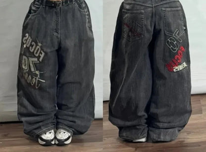 Harajuku Vintage Hip-hop Pop Letters Embroidered Washed Baggy Jeans Ladies Y2K Gothic Fashion Casual High Waist Wide Leg Pants