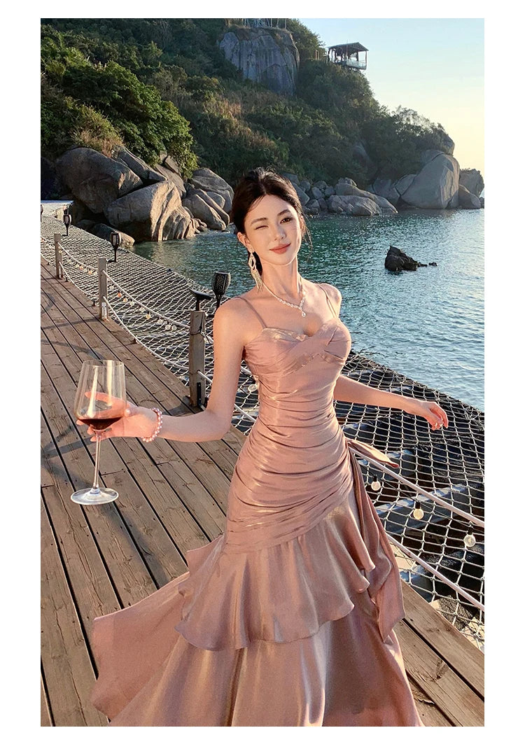 Sexy Solid Spaghetti Strap Sleeveless Evening Dresses Elegant Ruffles Party Long Dress For Women Summer Slim Beach New Vestidos