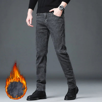 Men's Fleece Elastic Jeans Thick Warm Slim Fit Business Trousers Classic Solid Color Fashionable High-quality Trend Cozy Pants