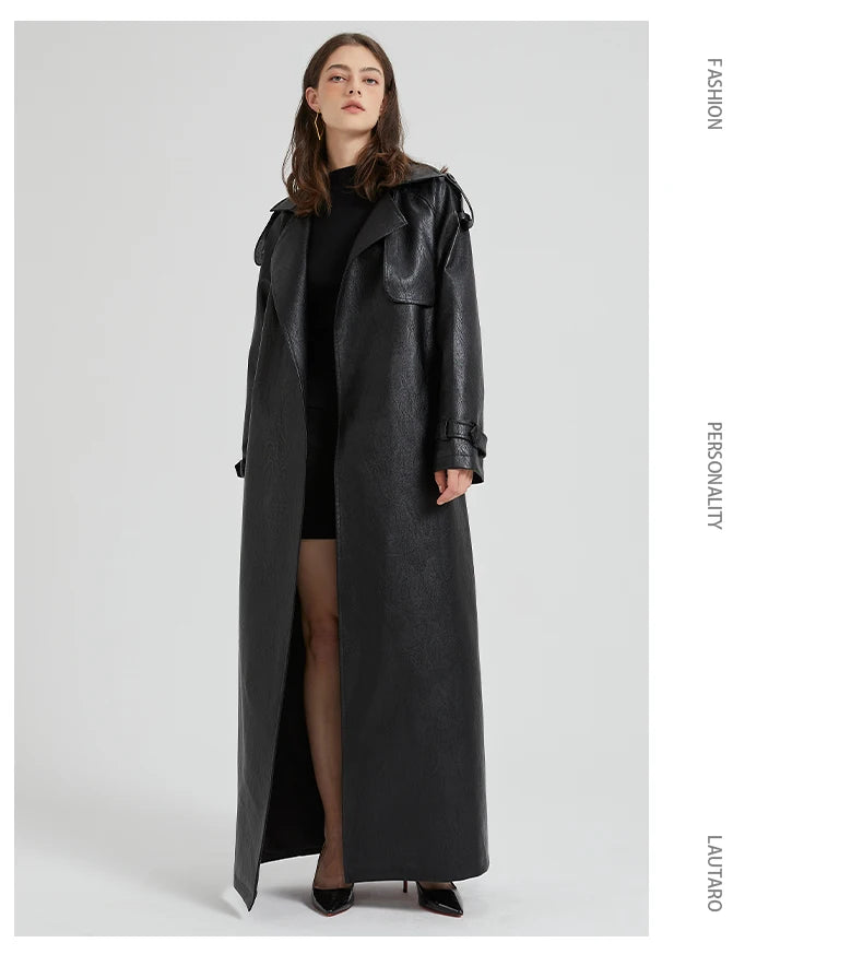 Lautaro Spring Autumn Extra Long Brown Pu Leather Trench Coat for Women Sashes Luxury Chic Overcoat Runway European Fashion 2024