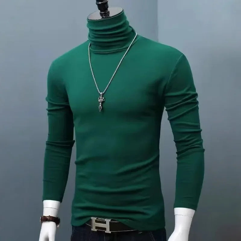 Slim Fit High Collar Long Sleeve Men's Base Shirt Inner Wear Simple Pure Color Large Size Warm Autumn Winter T-shirt Trendy Bran