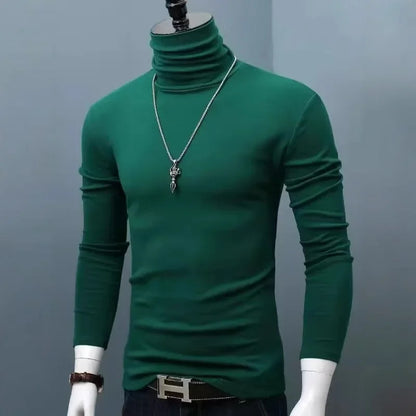 Slim Fit High Collar Long Sleeve Men's Base Shirt Inner Wear Simple Pure Color Large Size Warm Autumn Winter T-shirt Trendy Bran