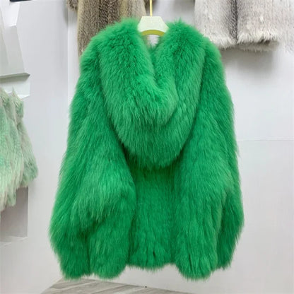 Fox Fur Coat Women's Winter Fashion Warm 100% Fox Fur Coat Hooded Long Sleeved Sweet Women's Luxury Designer Coat