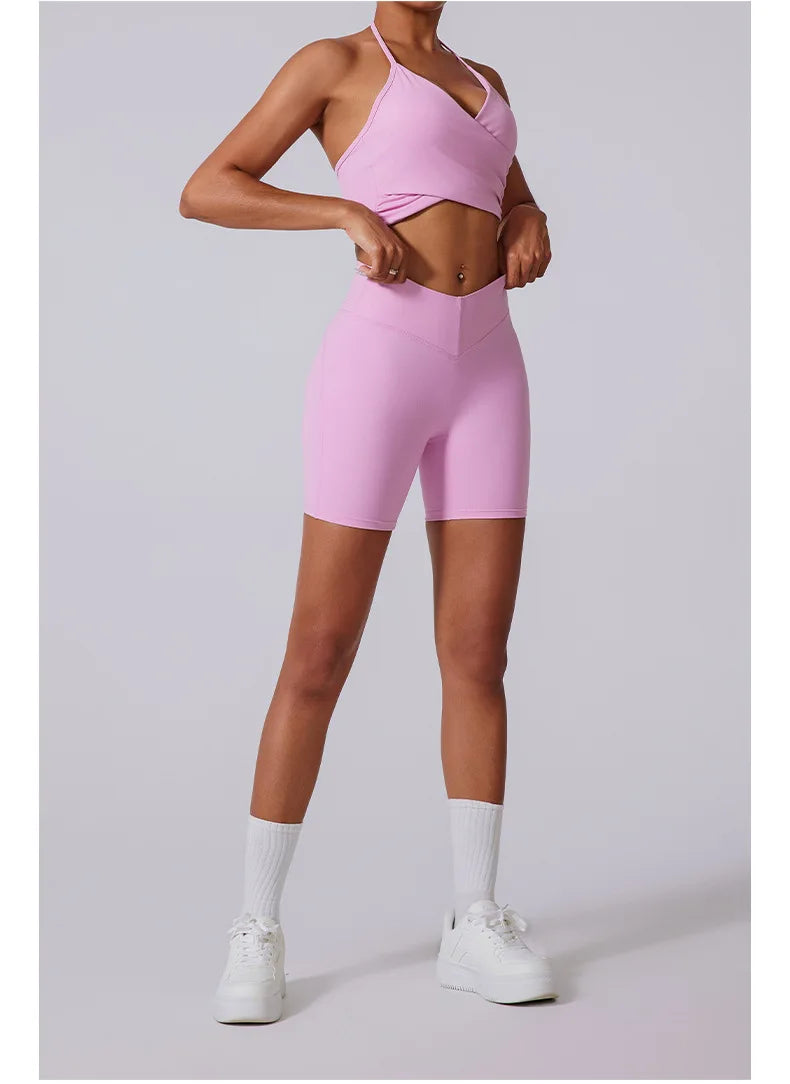 2 Pieces Wrap Front Gym Fitness Suit Women Long Sleeve Legging Workout Yoga Set Sports Bra Short Sports Clothes Tracksuit Female