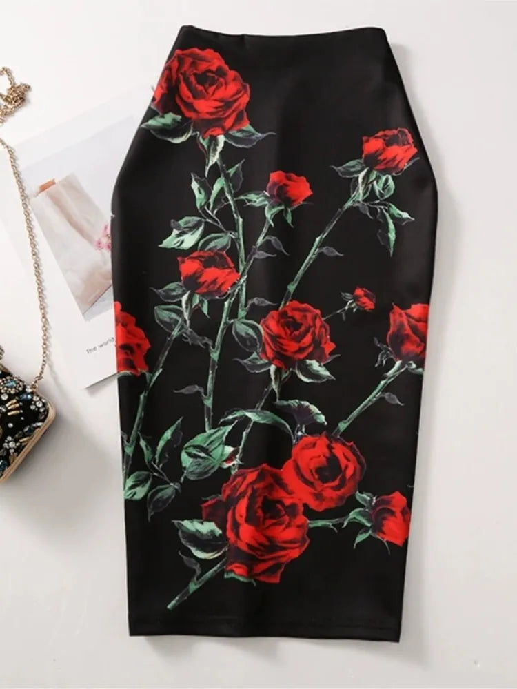 Women Vintage Flower Print Bodycon Skirt Slim Midi Sexy Elegant Pencil Skirt Bag Hip Bandage Skirt Hip Wrap Lolita Short Skirt