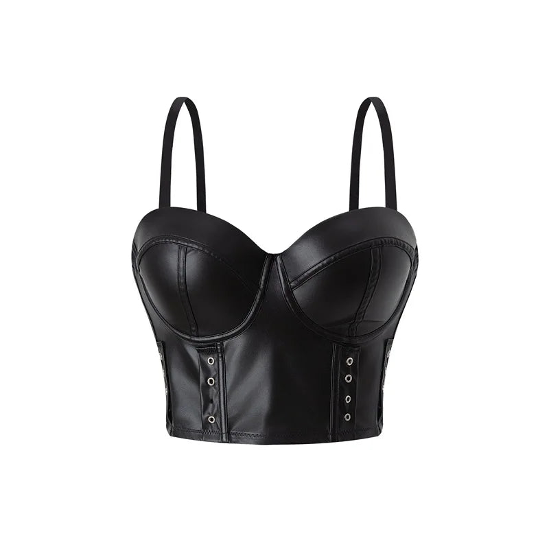 Stylish Wowen PU Leather Corset Imitation Leather Festival Clothing Bustier Lady Cropped Top Girls Punk Rock Club Party Camis