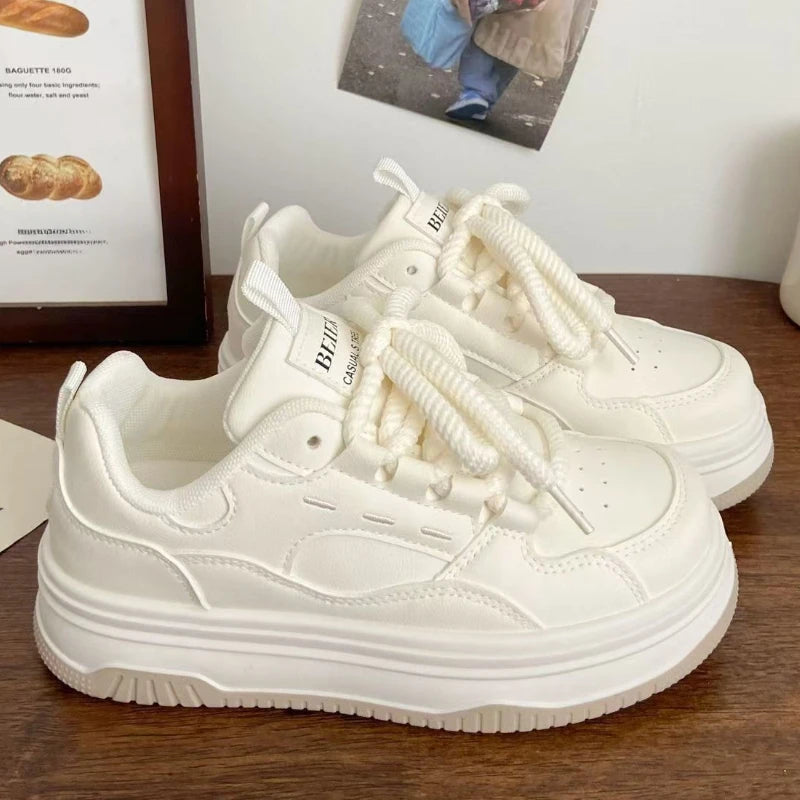 Round-toe Lace-up Casual White Thick-soled Vulcanized Shoes Seasonal New Comfortable Flat-soled Fashion Sneakers
