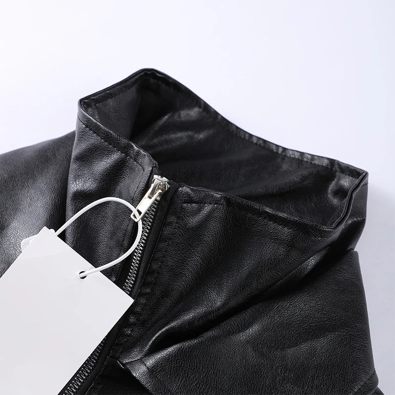 Vintage Zippers Short Leather Jackets Women's Casual Lapel Button Pockets Full Sleeve Coat 2025 Autumn New Lady Chic Streetwear