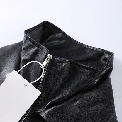 Vintage Zippers Short Leather Jackets Women's Casual Lapel Button Pockets Full Sleeve Coat 2025 Autumn New Lady Chic Streetwear